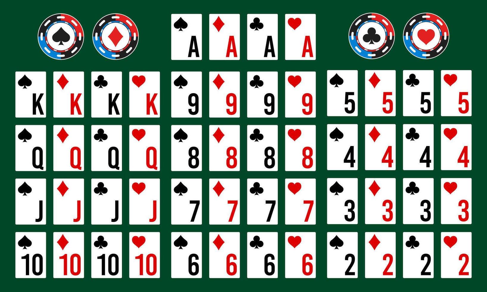 Poker deck of cards with isolated cards. Set of Poker and casino playing cards, full deck. vector