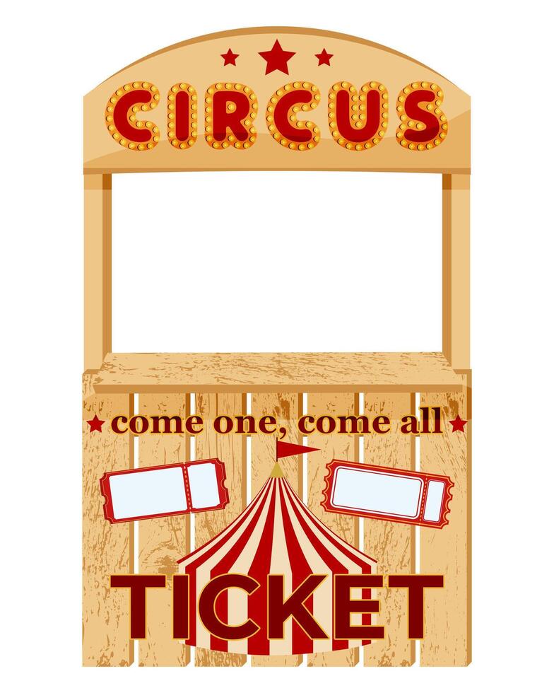 Circus Ticket Bbooth Selling Tickets. Wooden circus ticket booth selling tickets for the show with big top and marquee sign. vector