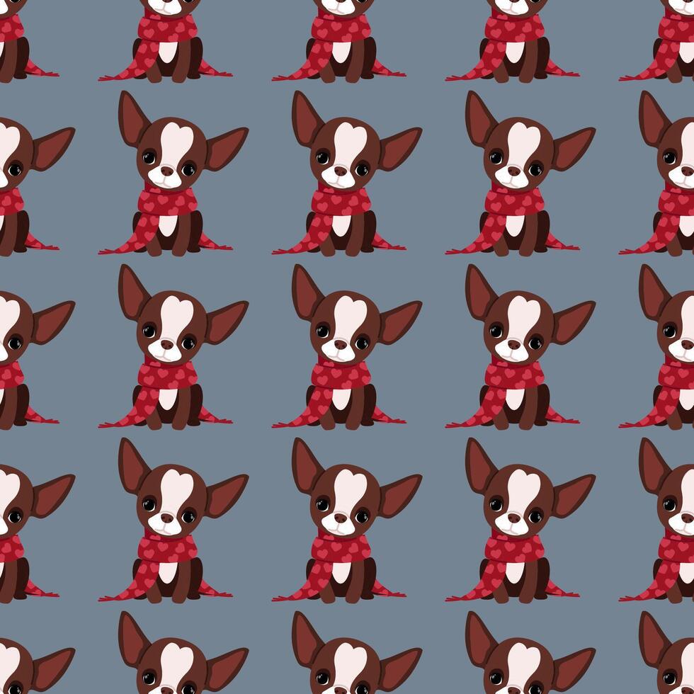 Cute chihuahua dogs with hearts in seamless pattern for Valentine's Day on dark background vector