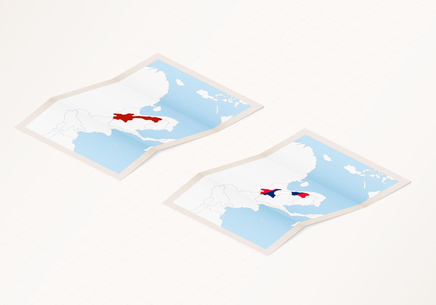 Two versions of a folded map of Laos with the flag of the country of Laos and with the red color highlighted. vector