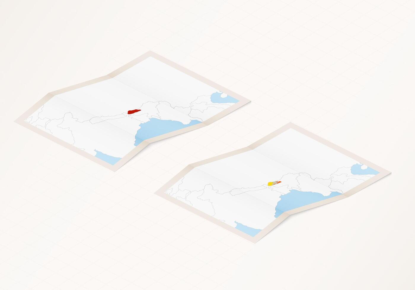 Two versions of a folded map of Bhutan with the flag of the country of Bhutan and with the red color highlighted. vector