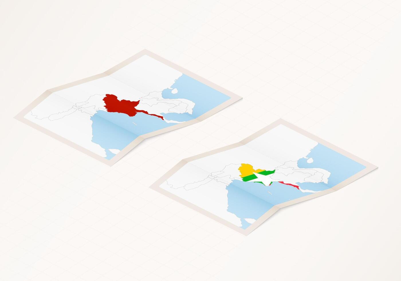 Two versions of a folded map of Myanmar with the flag of the country of Myanmar and with the red color highlighted. vector