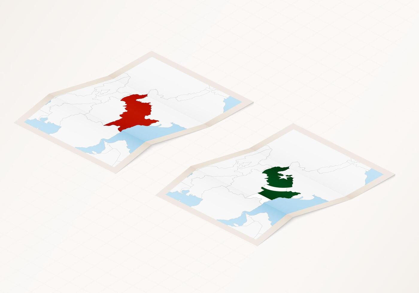 Two versions of a folded map of Pakistan with the flag of the country of Pakistan and with the red color highlighted. vector