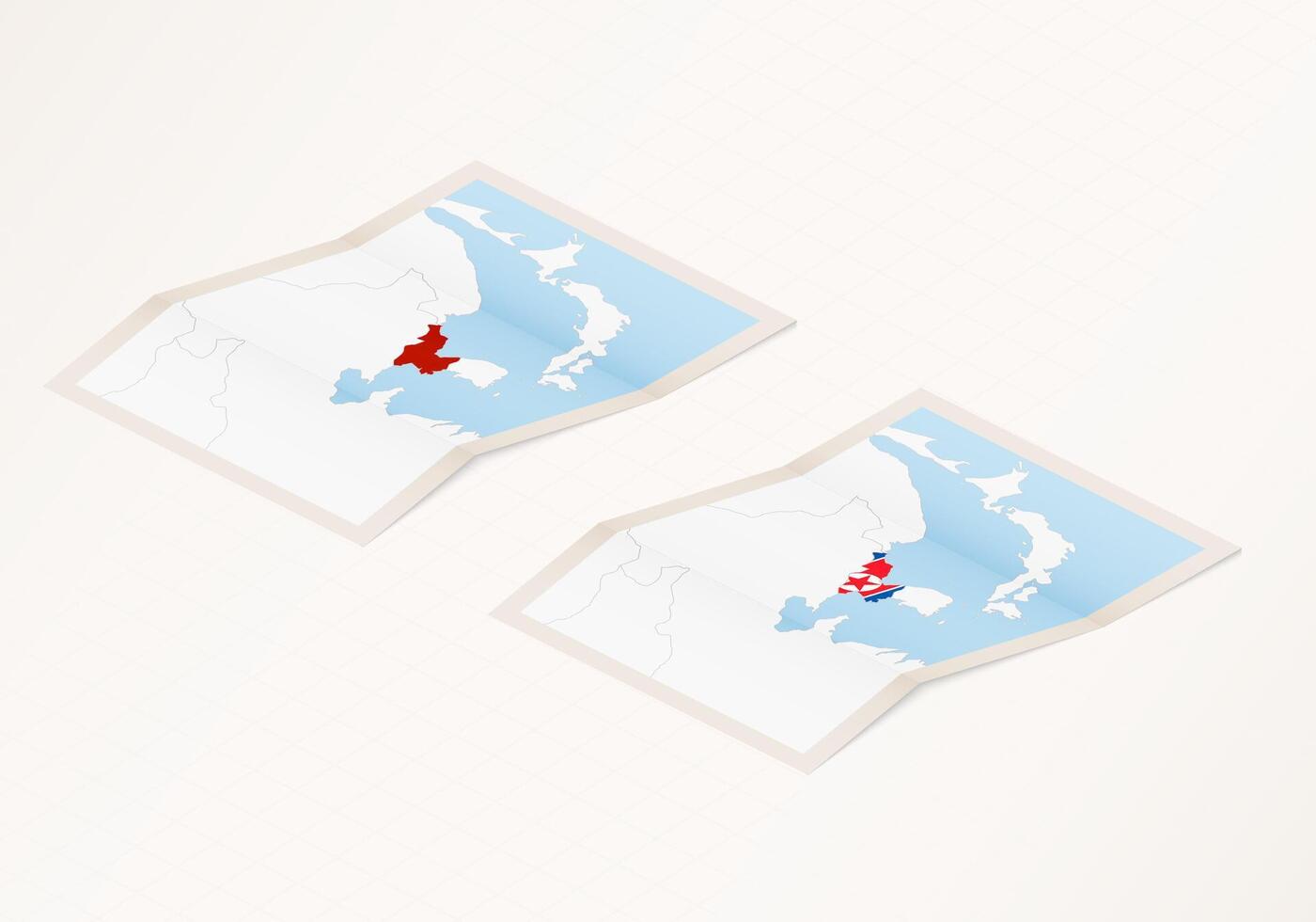 Two versions of a folded map of North Korea with the flag of the country of North Korea and with the red color highlighted. vector