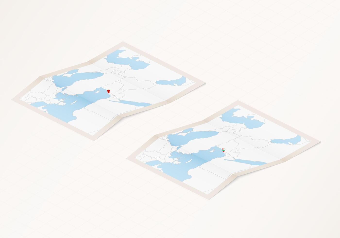 Two versions of a folded map of Lebanon with the flag of the country of Lebanon and with the red color highlighted. vector
