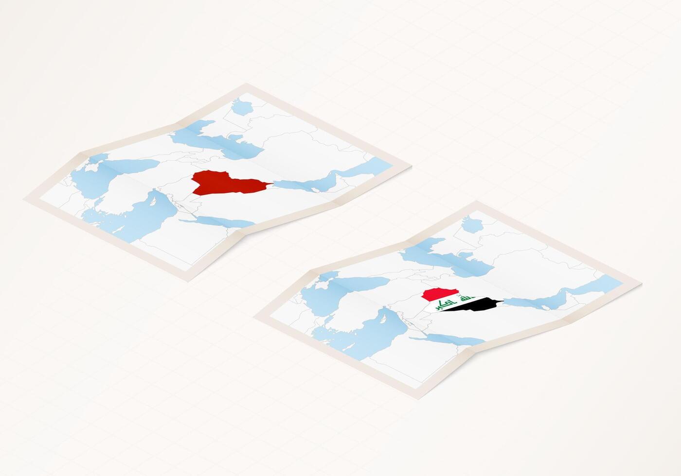 Two versions of a folded map of Iraq with the flag of the country of Iraq and with the red color highlighted. vector