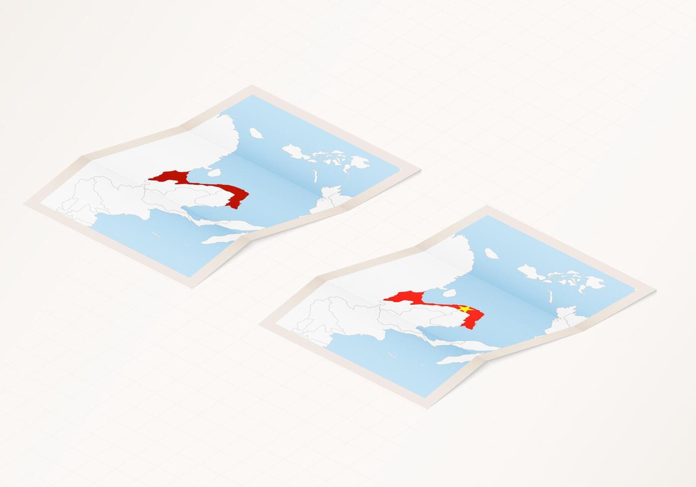 Two versions of a folded map of Vietnam with the flag of the country of Vietnam and with the red color highlighted. vector