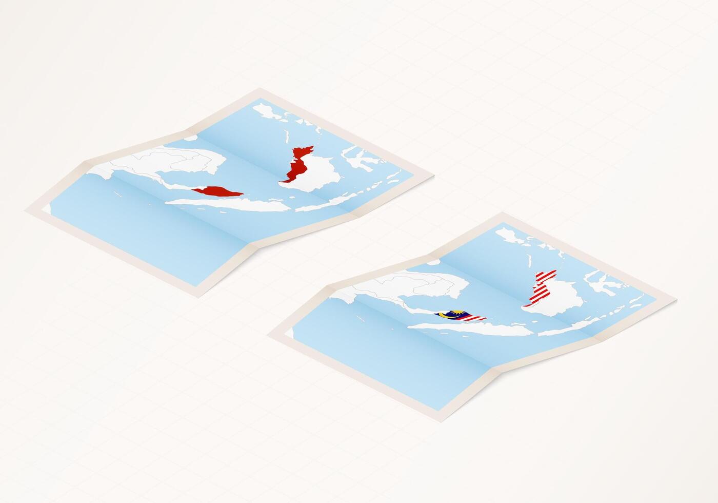 Two versions of a folded map of Malaysia with the flag of the country of Malaysia and with the red color highlighted. vector