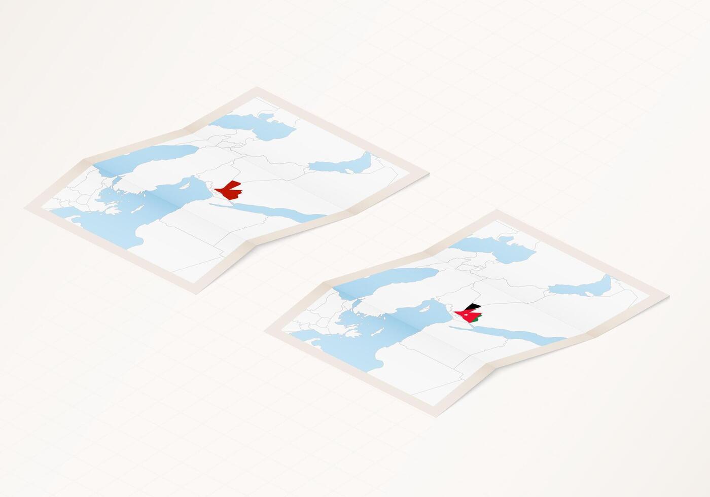 Two versions of a folded map of Jordan with the flag of the country of Jordan and with the red color highlighted. vector