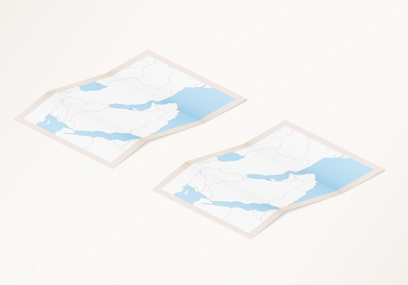 Two versions of a folded map of Bahrain with the flag of the country of Bahrain and with the red color highlighted. vector