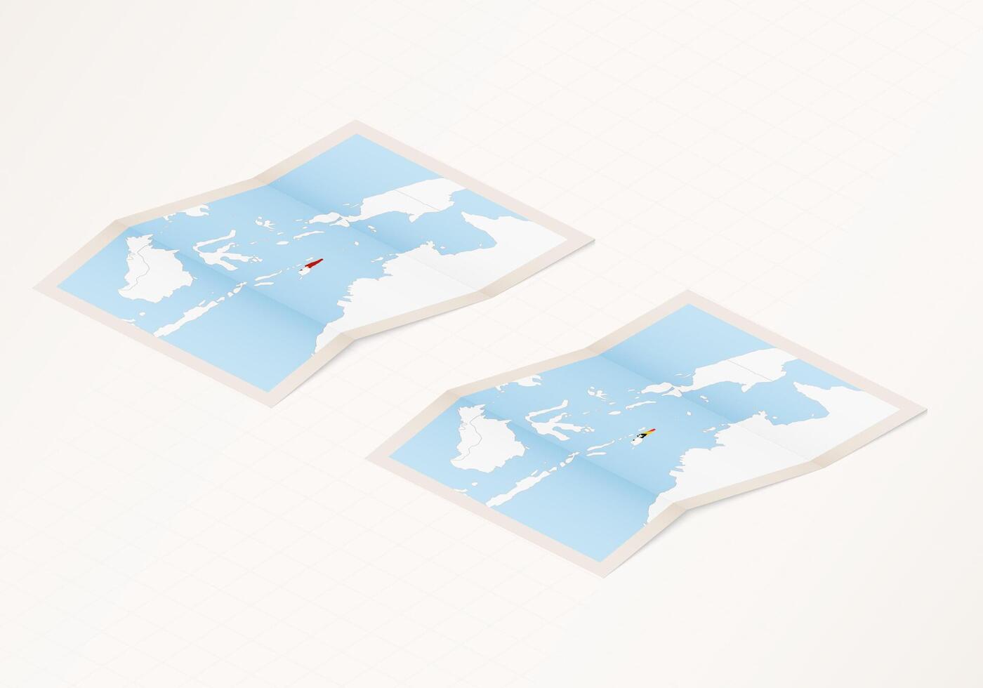 Two versions of a folded map of East Timor with the flag of the country of East Timor and with the red color highlighted. vector