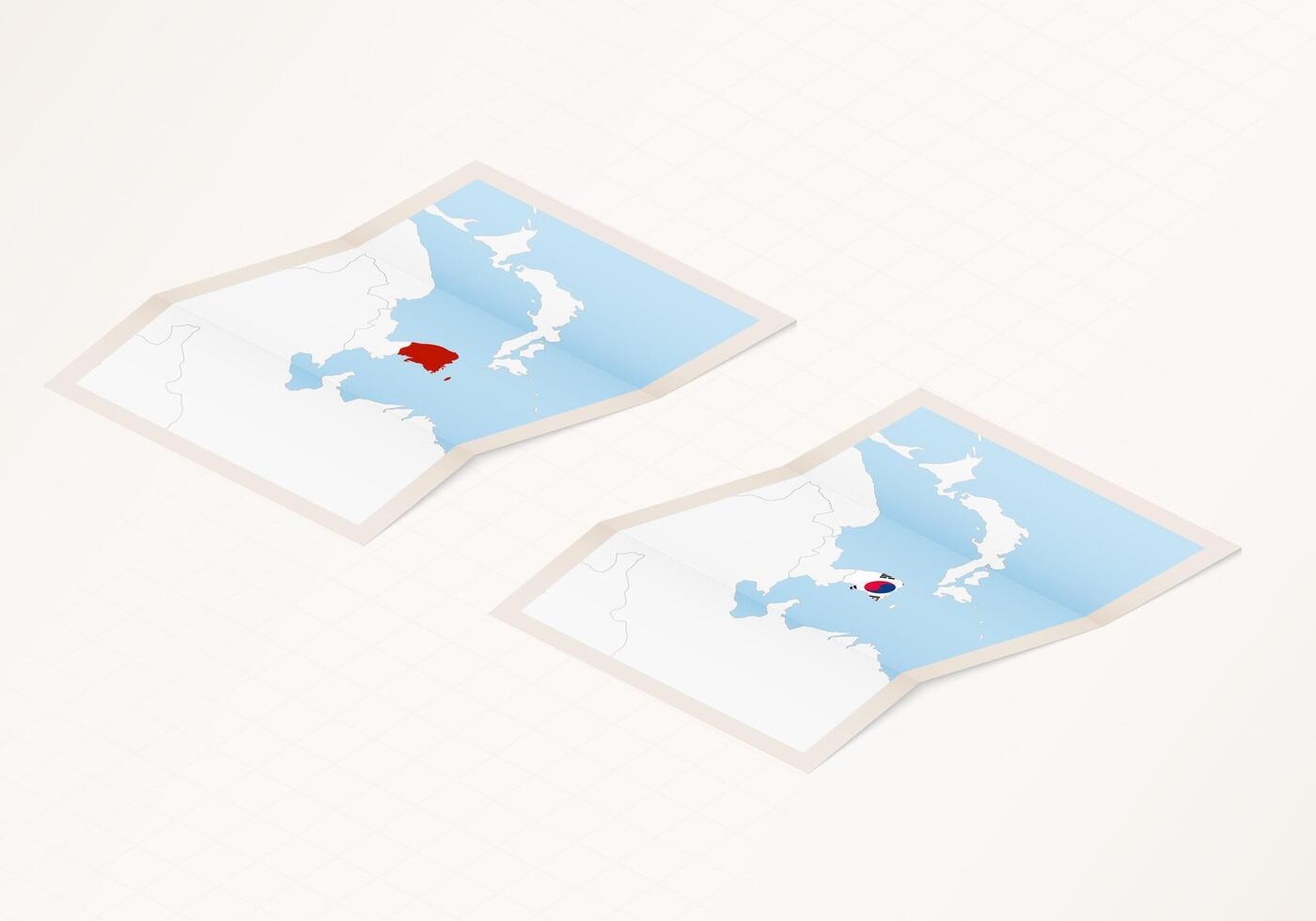 Two versions of a folded map of South Korea with the flag of the country of South Korea and with the red color highlighted. vector