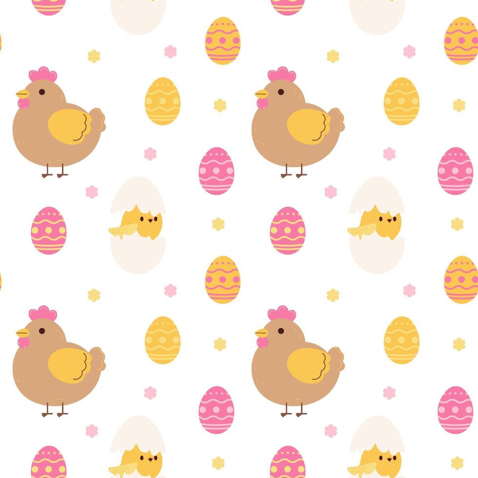 Easter seamless pattern with flowers, Easter eggs, Hen and chicken. Suitable for Easter cards, banners, textiles, wallpaper. illustration vector