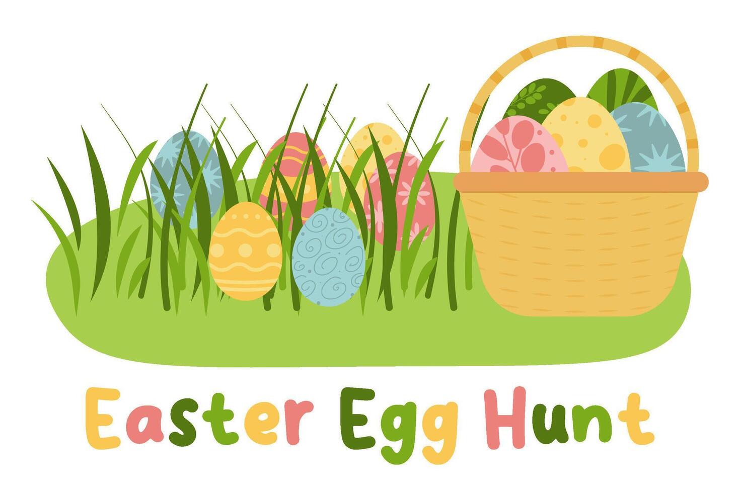 Decorative Easter eggs on green grass and basket, illustration. Easter Egg Hunt. vector