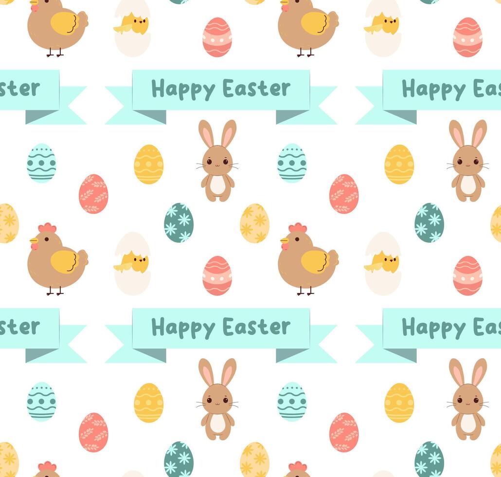 Easter seamless pattern with Easter eggs, Hen and chicken, rabbit. Suitable for Easter textiles, wallpaper. illustration. vector