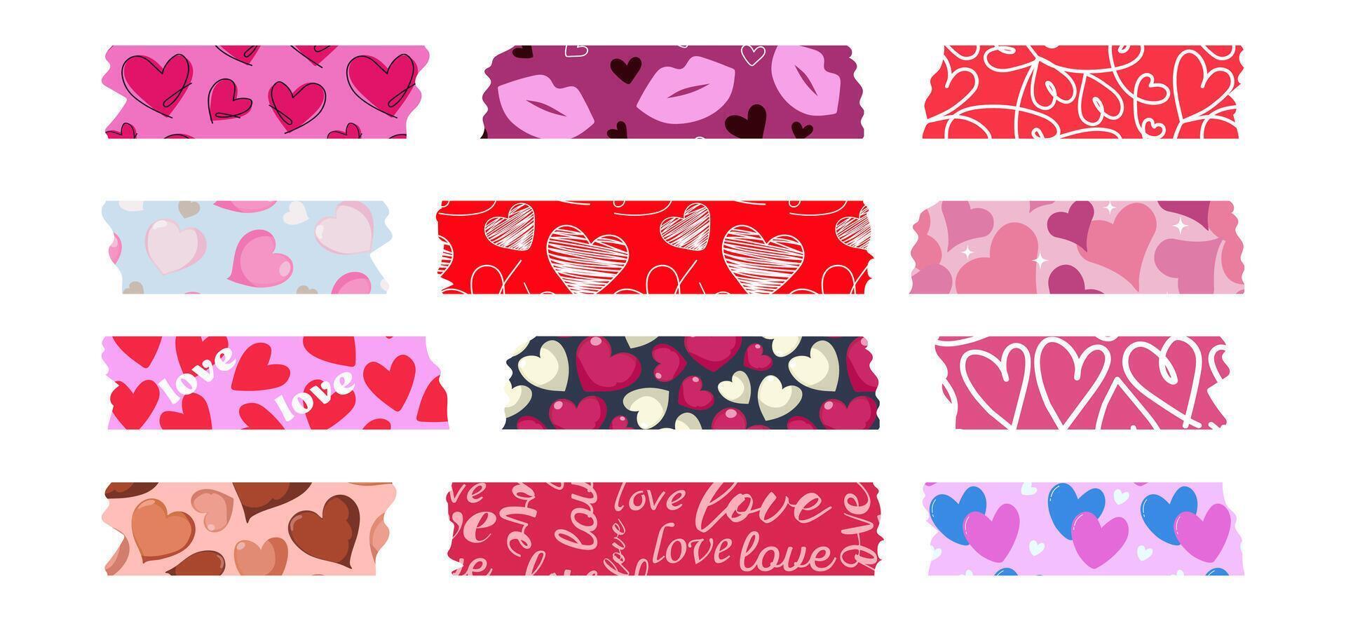 Valentine's Day washi tape collection. Colorful strips with hearts for scrapbooking, self-adhesive labels with hearts. vector