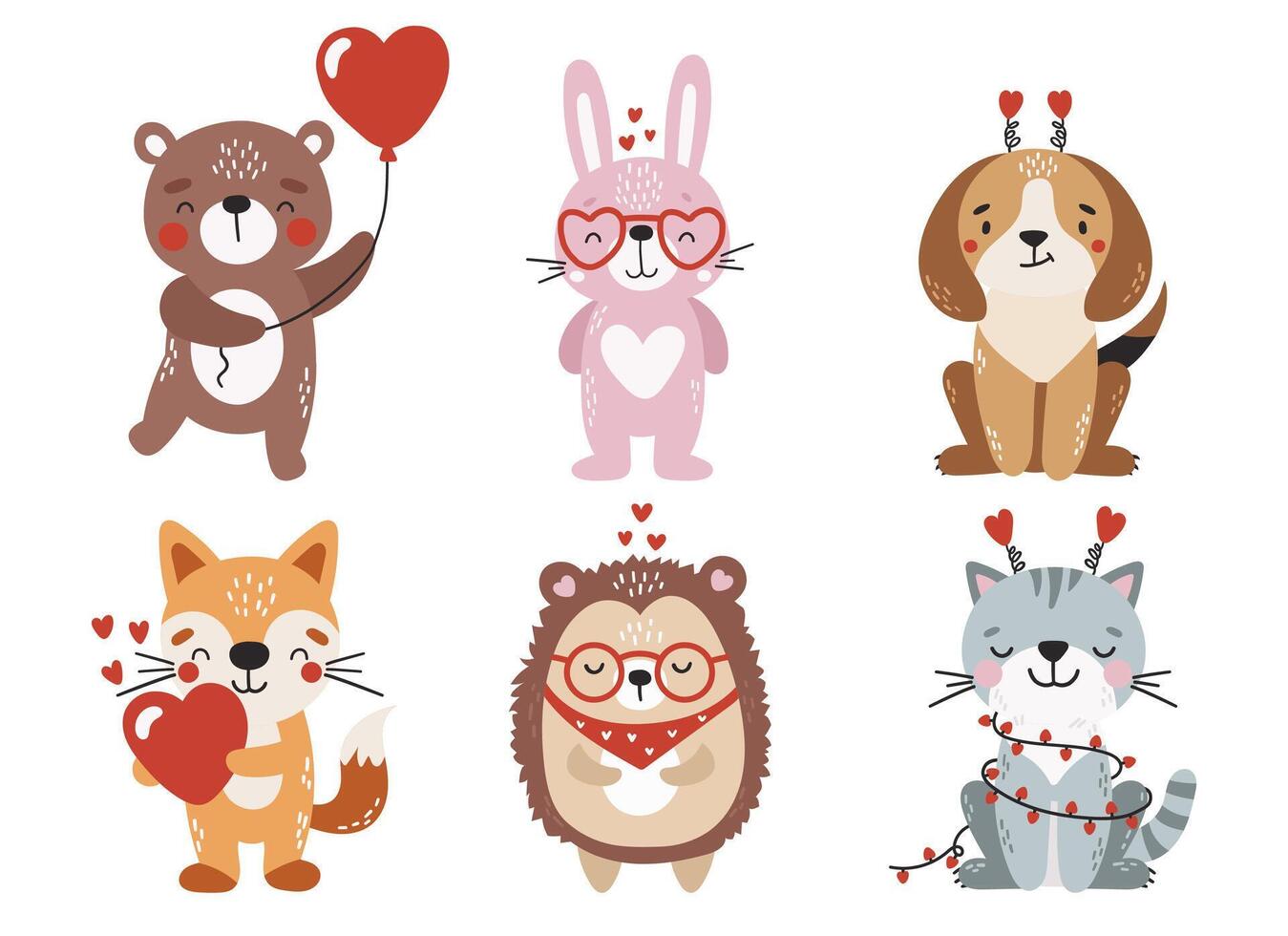 Love animals set isolated, cute valentines animals, kids illustrations vector