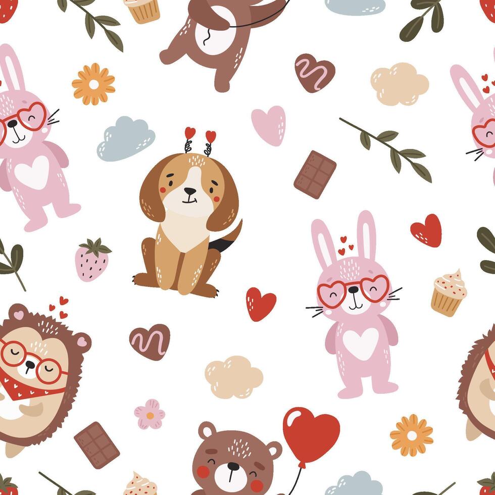 Valentines pattern, love animals seamless pattern vector