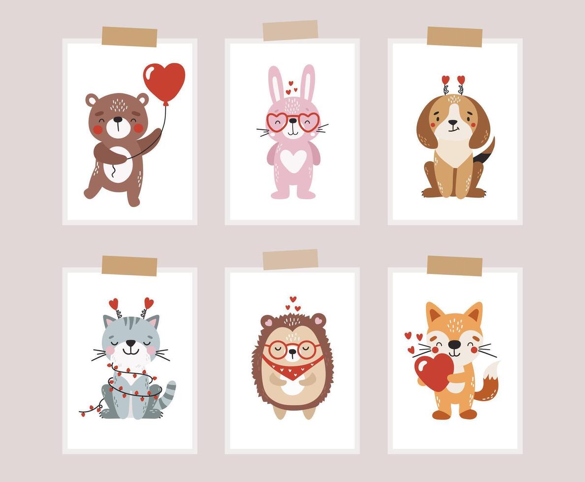 Love animals set isolated, cute valentines animals, kids posters vector
