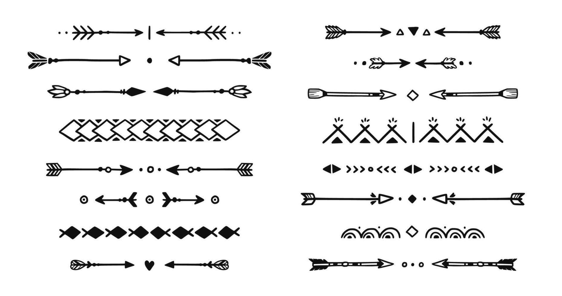 Mexican, boho arrow hand drawn element set. African, aztec rustic ethnic arrow, ornament divider. Tribal boho decor design vector