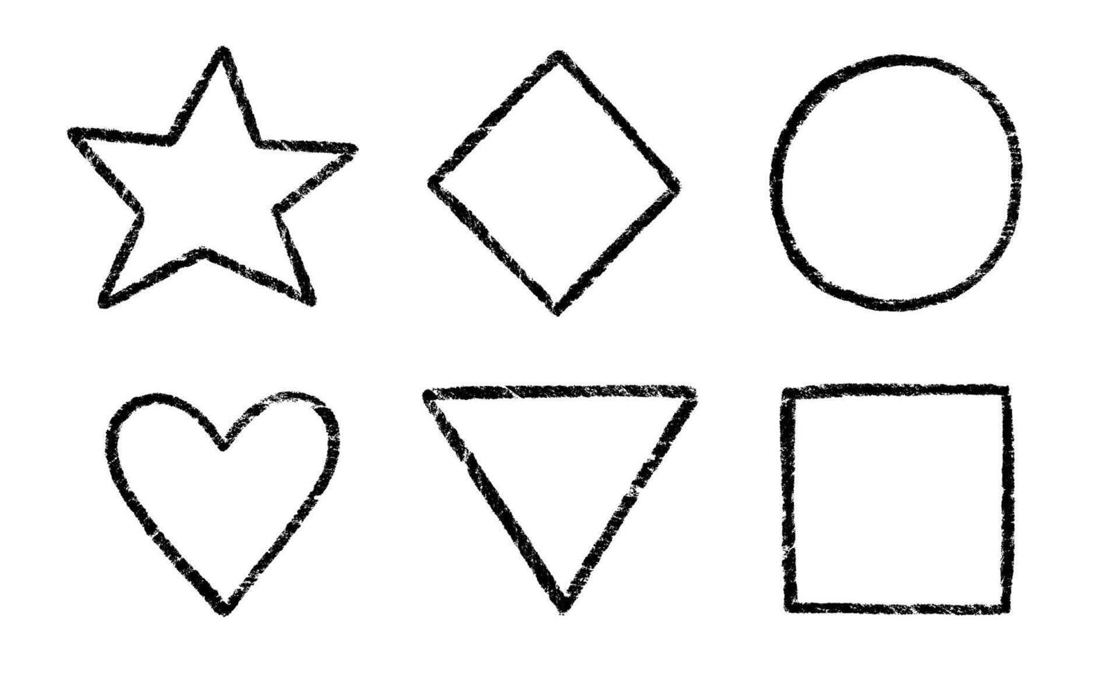 Crayon, chalk kid frame set. Round, square, heart shape hand drawn crayon texture black frame element. Chalk, pastel pencil kid craft paint style square, star border. vector