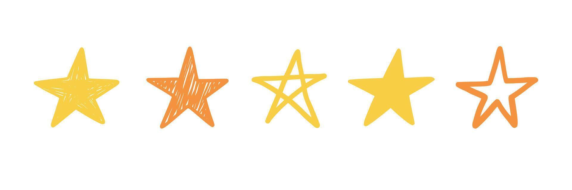 Five star doodle. Hand drawn quality, review yellow five star illustration. Award, quality, feedback concept elements. Sketch grunge style. Isolated vector