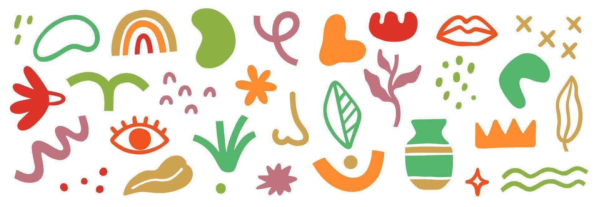 Abstract blob shape doodle set element. Geometric abstract flower, blob face, organic doodle modern shape. Creative graphic design playful, cute color poster elements. vector