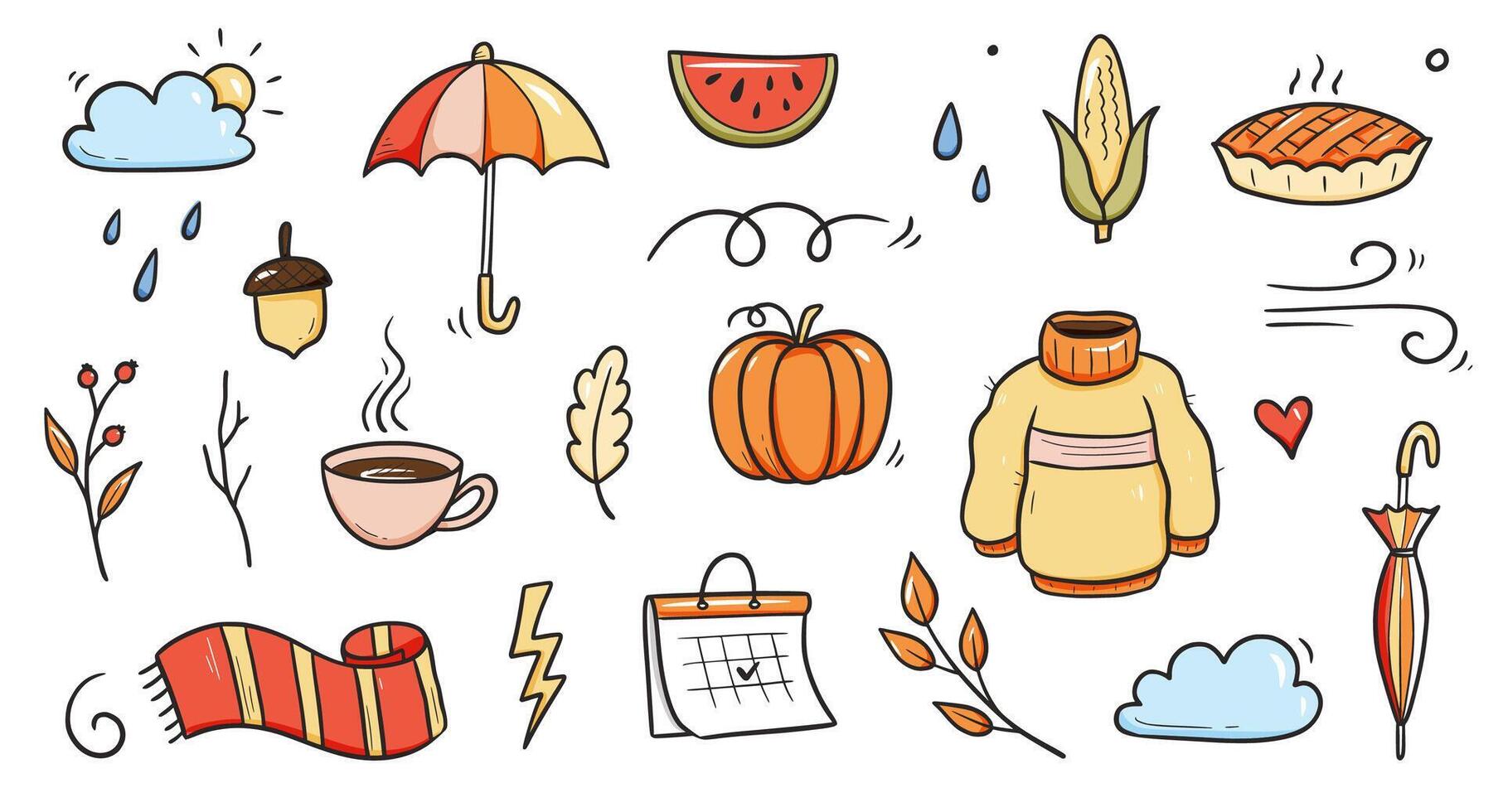 Autumn doodle set. Hand drawn doodle sketch style nature fall season, autumn icon background. Autumn falling leaves, wind season, umbrella sketch elements. vector