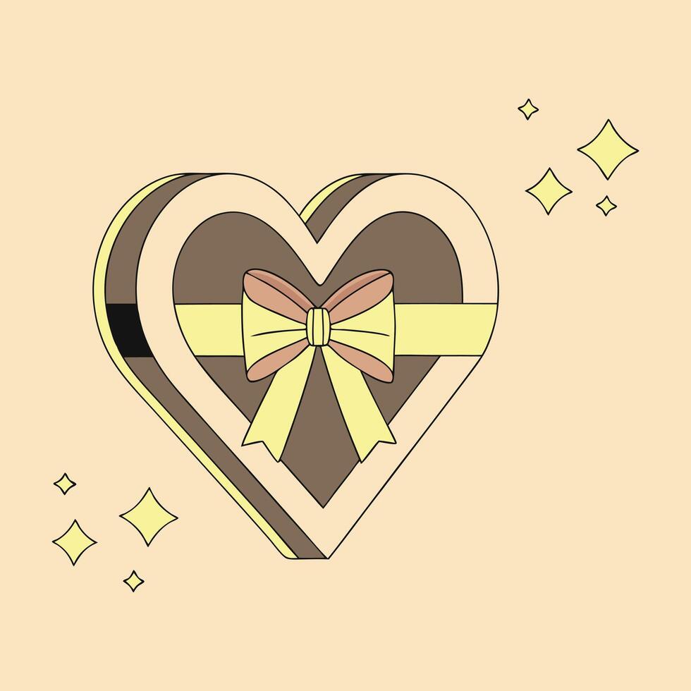Golden and beige heart-shaped gift box with a pastel ribbon and sparkles. Valentine's Day illustration vector