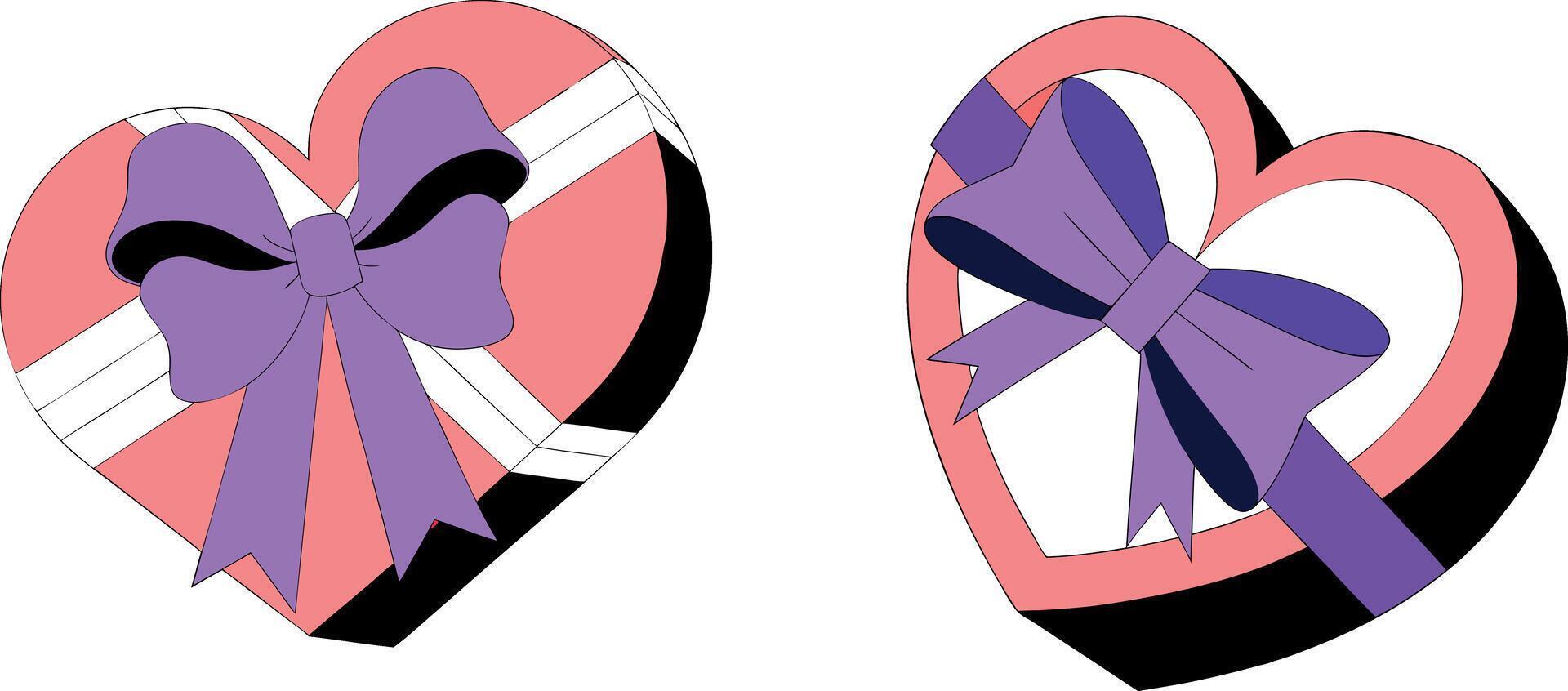 Pink heart-shaped gift boxes with purple ribbons and black accents on a white background. Valentine's Day illustration vector