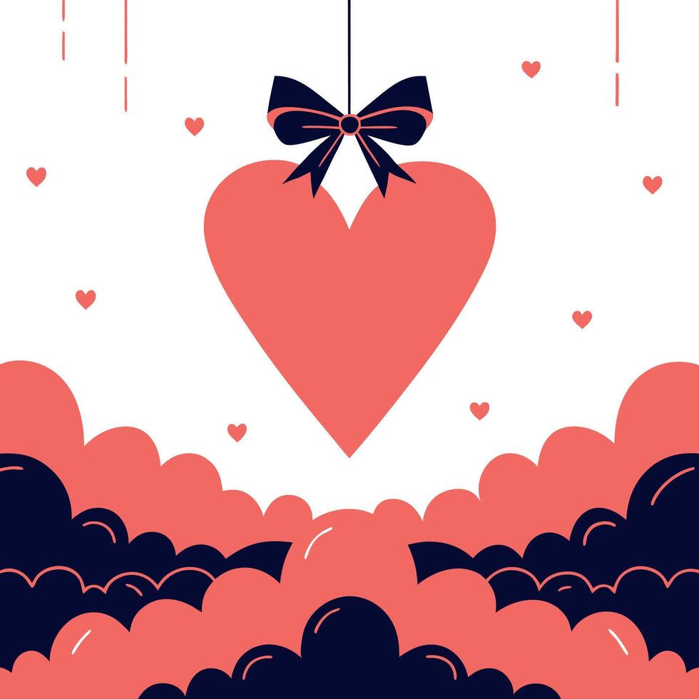 Large red heart with a navy ribbon hanging over pink and navy clouds. Valentine's Day illustration vector