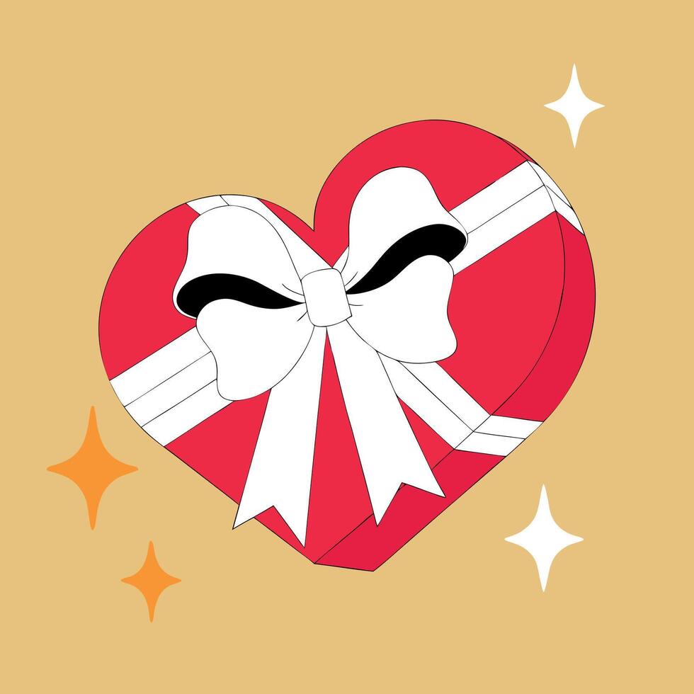 Red heart-shaped gift box with a white ribbon and black accents on a golden background. Valentine's Day design vector