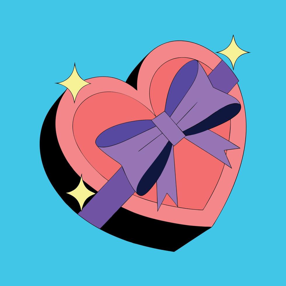 Pink heart-shaped gift box with a purple ribbon and sparkles on a turquoise background. Valentine's Day design vector