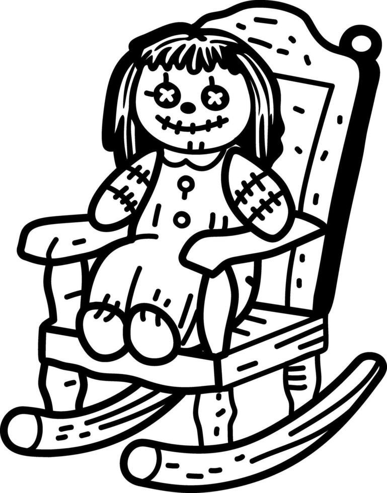 A sketchy icon of an evil doll sitting on a rocking chair vector