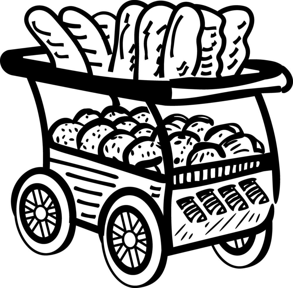 A sketchy style icon of a bread cart vector