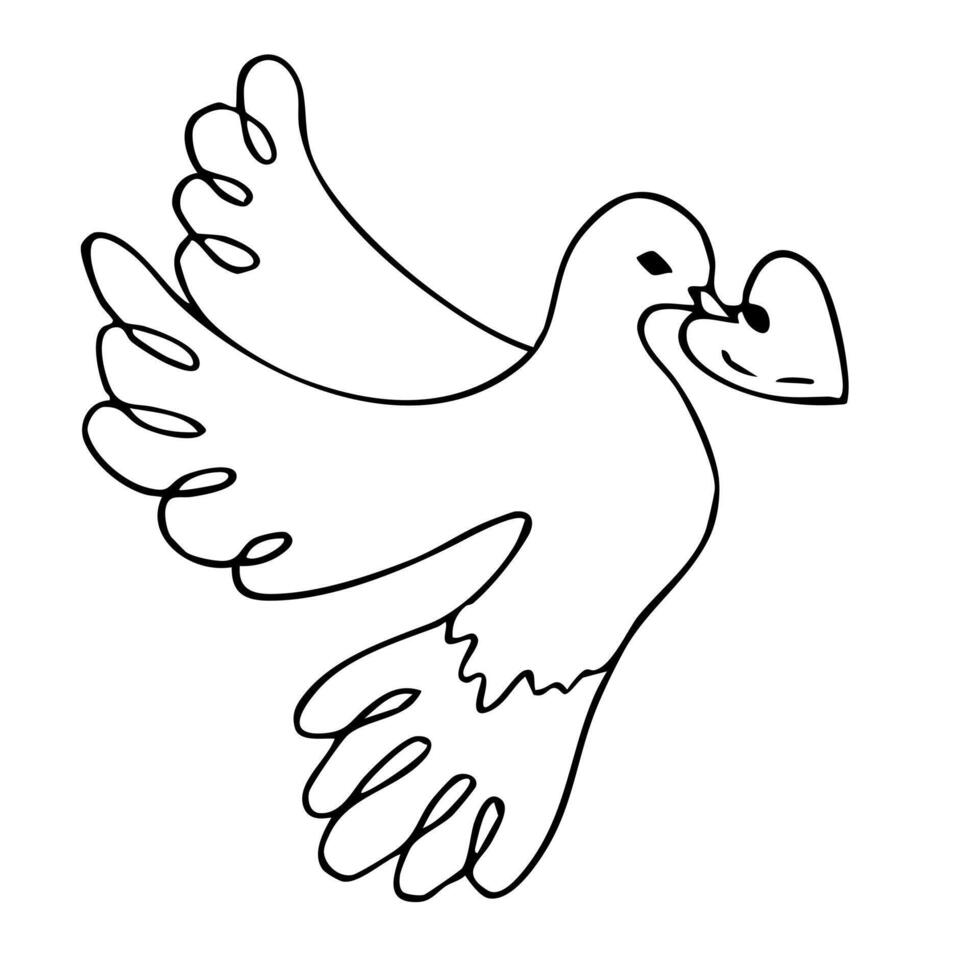 First communion symbol with dove and heart design for religious celebration. Valentine Day. Hand drawn. Black and white illustration. Christian icon vector