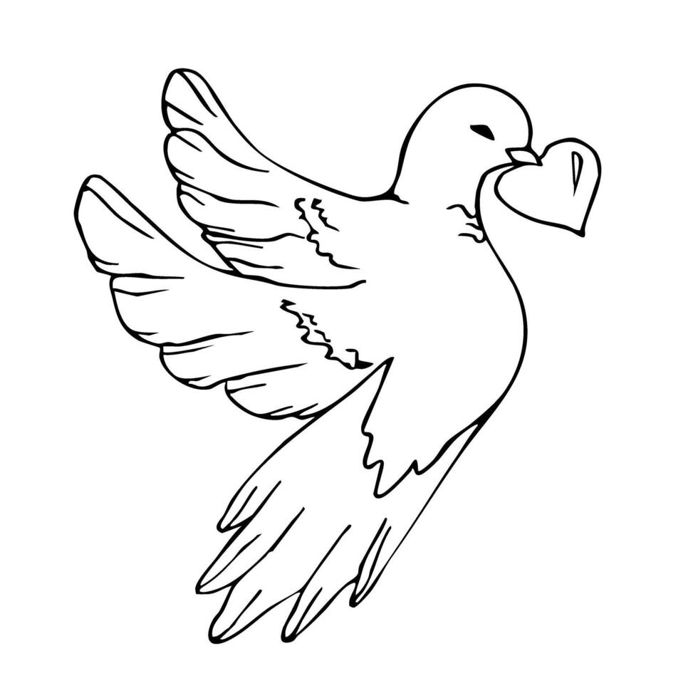 First communion symbol with dove of peace and heart design for religious celebrations. Hand drawn. Black and white illustration. Valentine Day vector