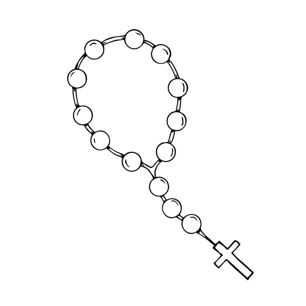 First communion rosary beads outline for religious celebrations and sacramental design. Hand drawn. Black and white illustration. Christian icon vector