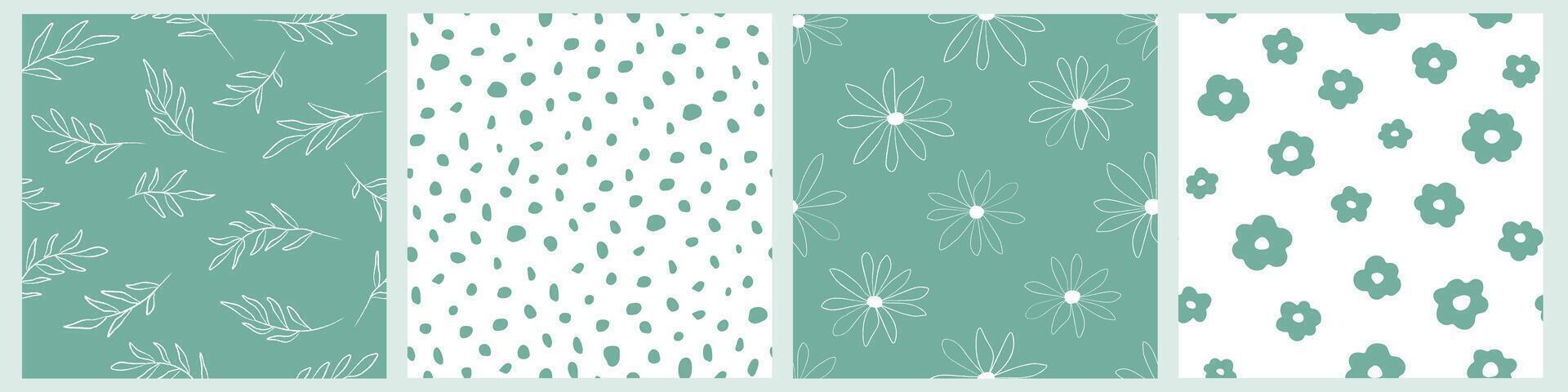 A set of seamless patterns with abstract natural prints with flowers, leaves, spots, daisies. Summer monochrome print. vector