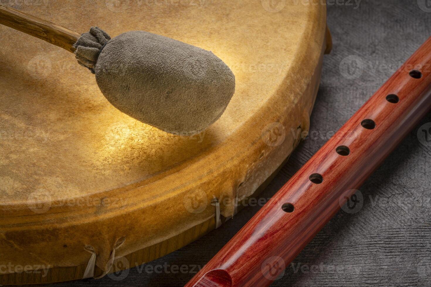 native American style flute handcrafted from aromatic cedar wood and shaman drum with a beater photo