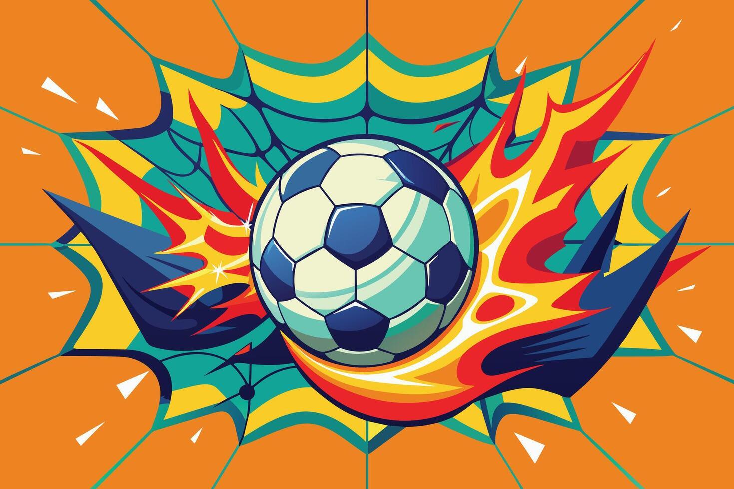 A soccer ball bursting through a net in a vibrant design vector