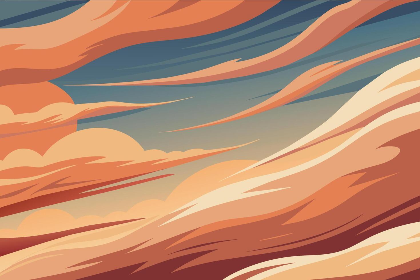 Illustration of a sky with swirling orange, beige, and blue clouds. vector