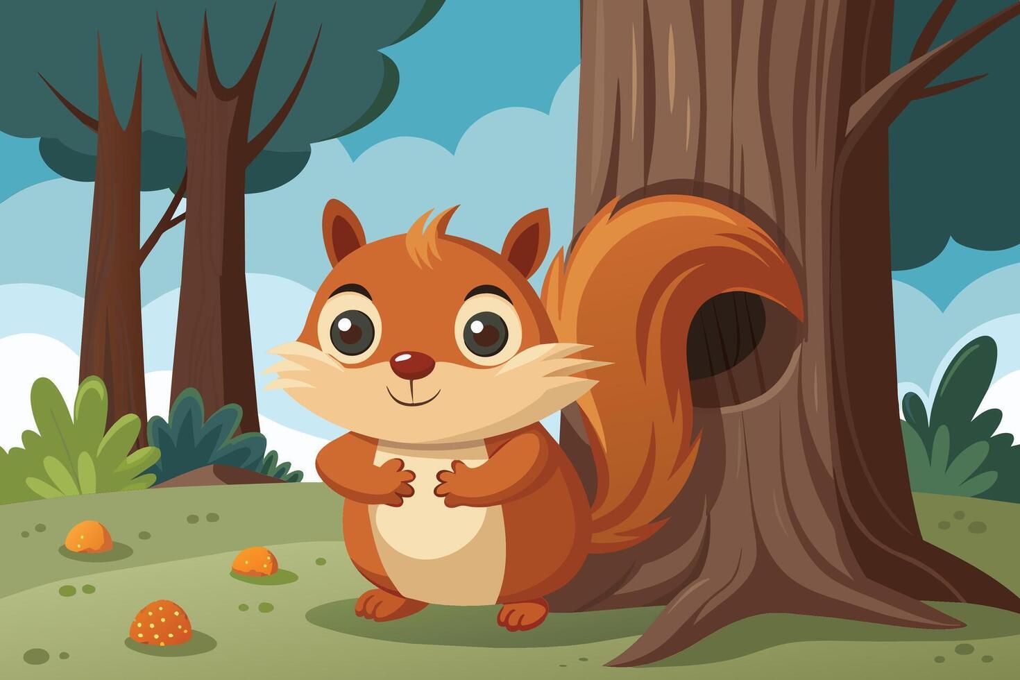 A squirrel with a nut stash peeking out from behind a tree trunk vector