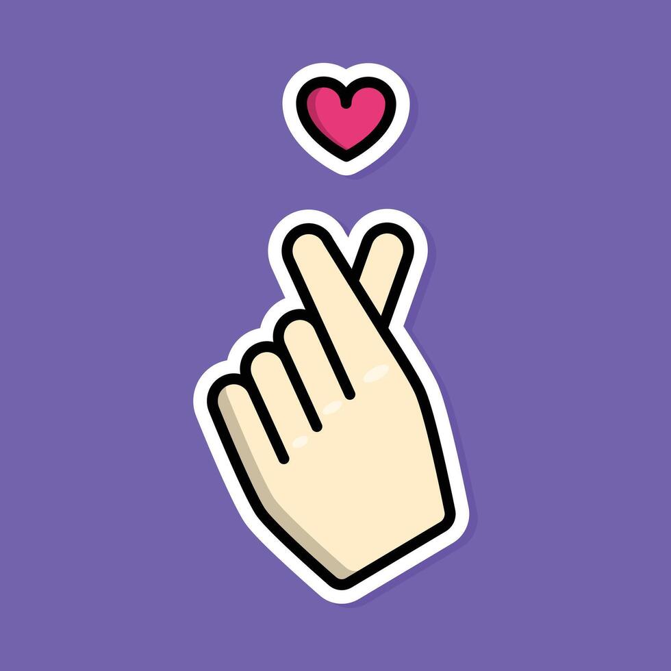 hand sign of love a pink and white sticker that says hand pointing to top of heart symbol vector