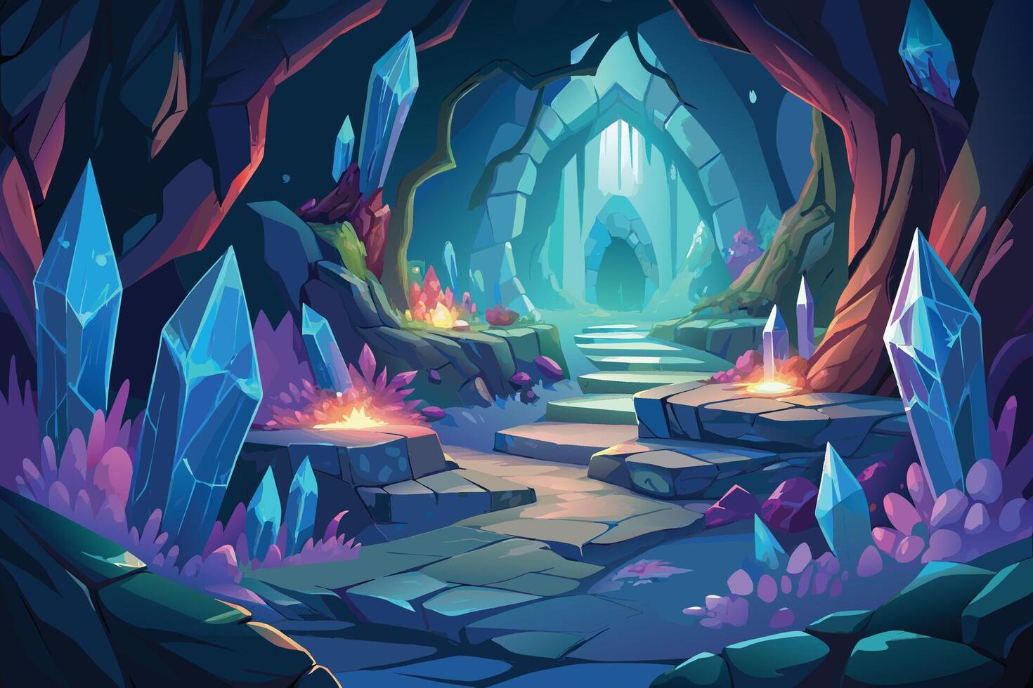 Mysterious cave filled with glowing crystals and ancient carvings Illustration, mystical cave filled with glowing crystals and ancient runes Illustration vector