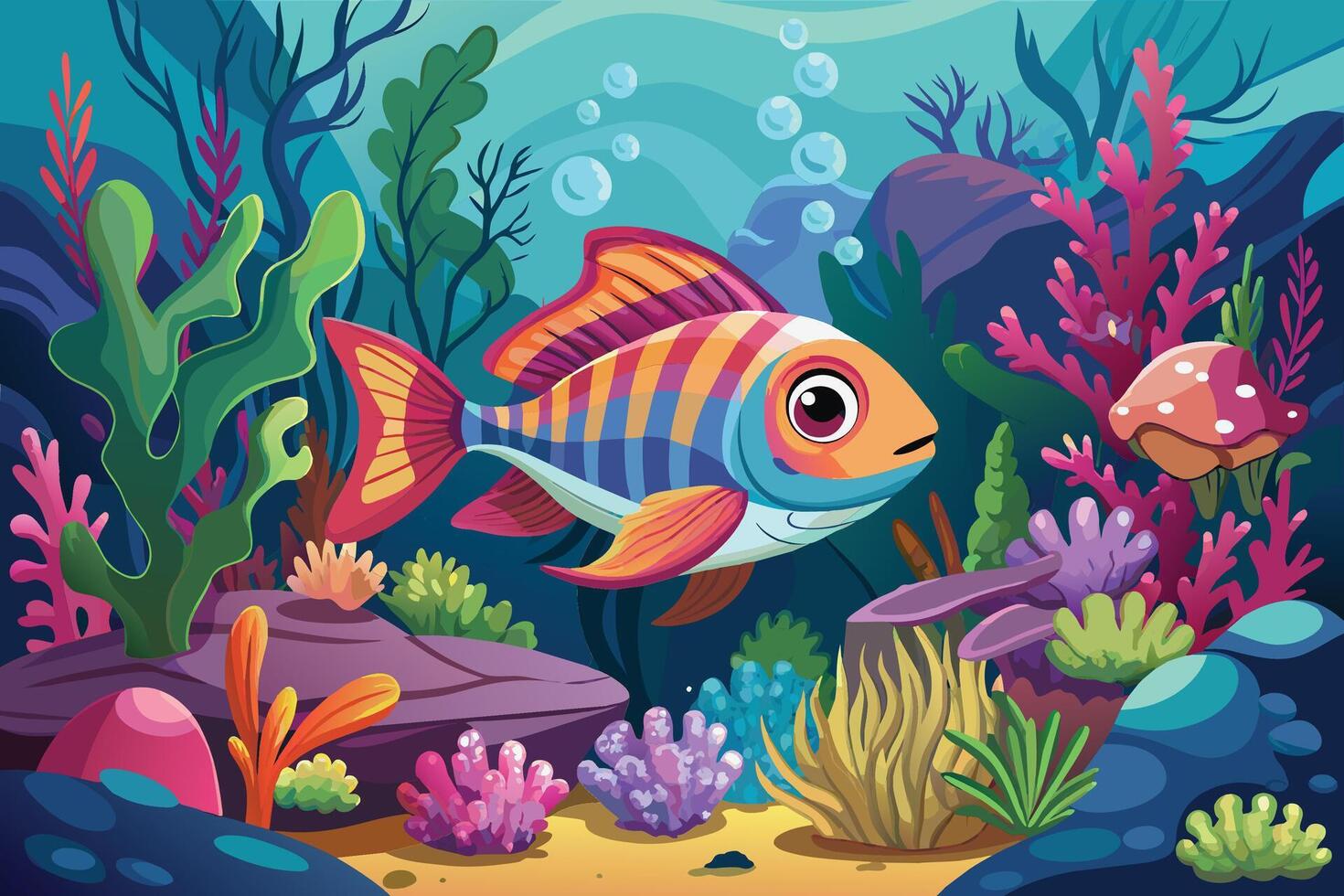 A fish navigating through a coral reef vector