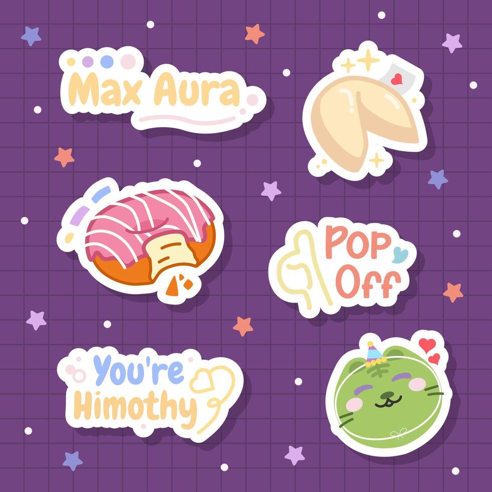 a sticker set of hand drawn fortune cookies and donuts with 24k slang for journal element vector