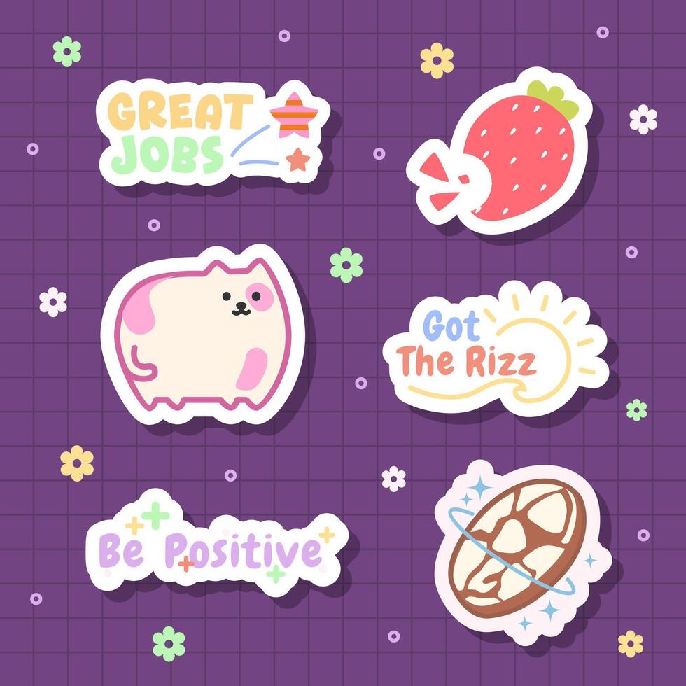 journal sticker pack of strawberry, cookies and great jobs word design vector