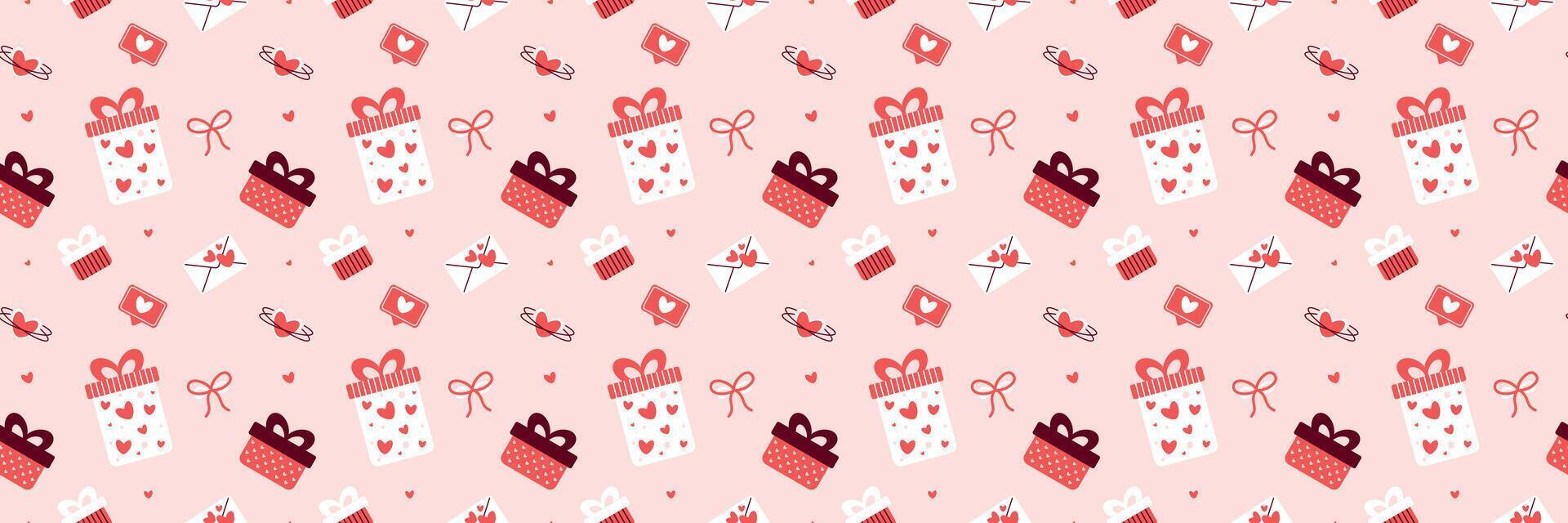 Festive Gift and Love Letter Pattern on Soft Pink Background Valentines Day seamless pattern Long horizontal web cover banner, sale header, voucher template. Wedding, packaging, wrapping paper, vector