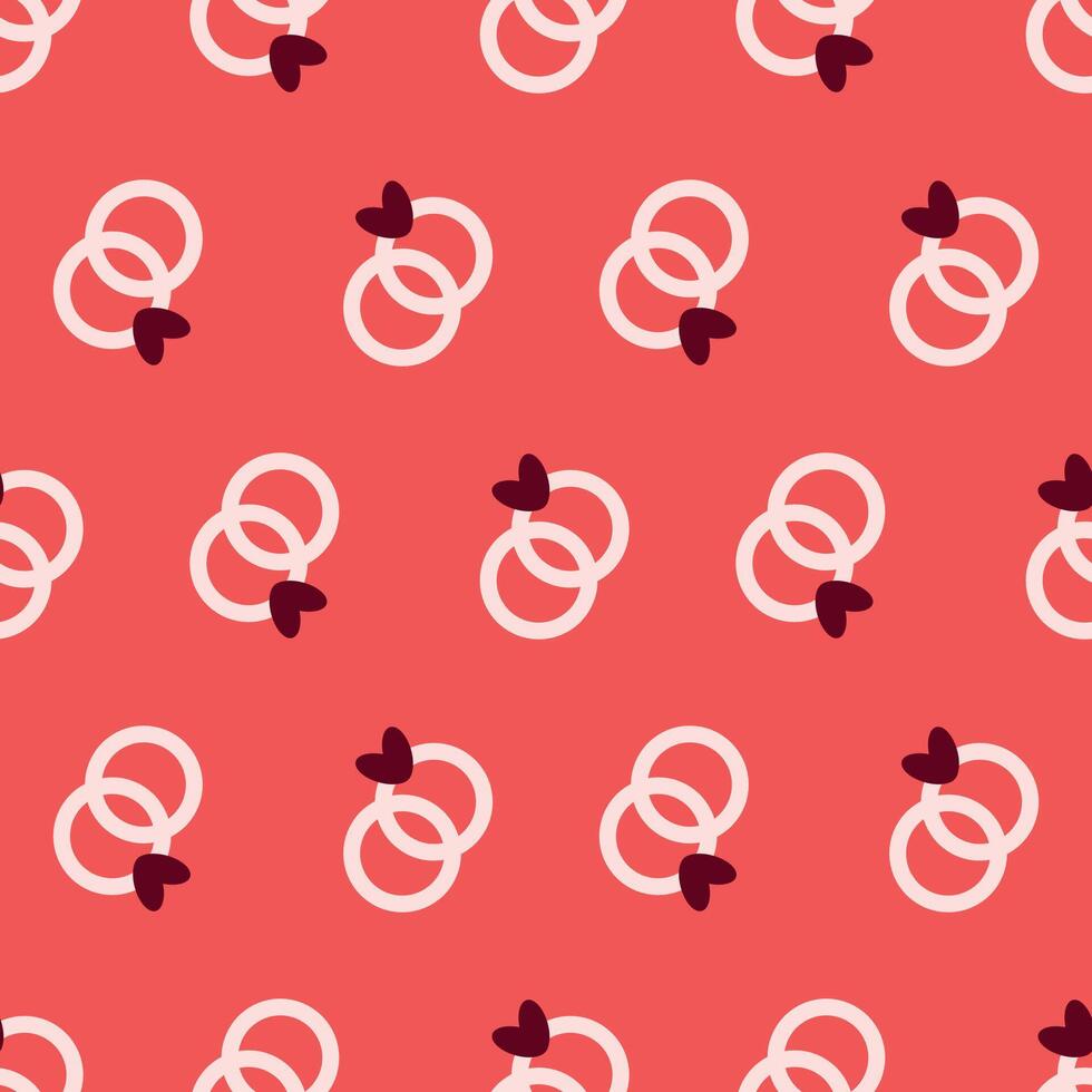 Romantic Linked Rings Pattern with Hearts on Coral Red Background. Valentines Day seamless pattern Square backdrop, wedding, packaging, wrapping paper, wallpaper, fabric, textile, holiday vector